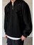 Erkek Siyah Yarım Fermuar Polo Yaka 3 Iplik Içi Polarlı Şardonlu Oversize Sweatshirt 2