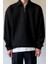 Erkek Siyah Yarım Fermuar Polo Yaka 3 Iplik Içi Polarlı Şardonlu Oversize Sweatshirt 3