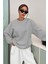 Kadın Dikiş Detaylı Gri Basic 0 Sıfır Yaka Düz Oversize Salaş Bol Kesim Polar Sweatshirt 3