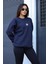 Kadın Lacivert Free Life Baskılı 0 Sıfır Yaka Oversize Salaş Bol Kesim Polar Sweatshirt 2