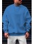 Erkek Mavi Basic 0 Sıfır Yaka Baskısız Düz Oversize Salaş Bol Kesim Polar Sweatshirt 1
