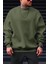 Erkek Haki Yeşili Basic 0 Sıfır Yaka Baskısız Düz Oversize Salaş Bol Kesim Polar Sweatshirt 1