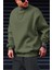 Erkek Haki Yeşili Basic 0 Sıfır Yaka Baskısız Düz Oversize Salaş Bol Kesim Polar Sweatshirt 2