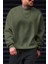 Erkek Haki Yeşili Basic 0 Sıfır Yaka Baskısız Düz Oversize Salaş Bol Kesim Polar Sweatshirt 3