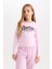 Kız Çocuk Barbie Cropped Fit Bisiklet Yaka Baskılı Fitilli Kaşkorse Uzun Kollu Tişört D2831A824AU 1