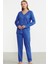 Önden Düğmeli Rahat Kalıp Pijama Takım - Saks 1