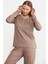 Sıfır Yaka Düğmeli Pijama Takım - Koyu Vizon 3