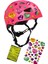 Pembe Çocuk Kaskı Kalpler ve Harfler Stickerlı Spor Koruyucu Kask Lila Dizlik Dirseklik Seti 3