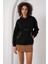 Kadın Siyah Etnik Desenli Kapüşonlu Şardonlu Oversize Sweatshirt HZL25W-BD1554431 1