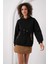 Kadın Siyah Etnik Desenli Kapüşonlu Şardonlu Oversize Sweatshirt HZL25W-BD1554431 2