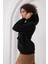 Kadın Siyah Etnik Desenli Kapüşonlu Şardonlu Oversize Sweatshirt HZL25W-BD1554431 4