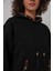 Kadın Siyah Etnik Desenli Kapüşonlu Şardonlu Oversize Sweatshirt HZL25W-BD1554431 5