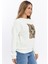 Kadife Ayıcıklar Desenli Şardonlu (Içi Polarlı) Ekru Regular Fit Bisiklet Yaka Kadın Sweatshirt 3