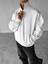 Erkek Oversize Yarım Fermuarlı Dik Yakalı Baskılı Sweatshirt Ekru 1