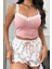Çiçek Desenli Dantel Askılı Şortlu Pijama Takımı 4