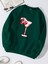 Oversize Bisiklet Yaka Basic Cherry Cocktail Baskılı Sweatshirt - Koyu Yeşil 1