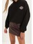 Kadın Moda Şık Relaxed Kapüşonlu Düşük Kol Crop Sırt Baskı Detaylı Kalın Içi Polarlı Örme Sweatshirt 1