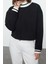 Kadın Bisiklet Yaka Düşük Kol Crop Rahat Kalıp Triko Yakalı Içi Polarlı Kalın Örme Sweatshirt 1