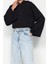 Kadın Kapüşonlu Ispanyol Kol Crop Kalın Polarlı Rahat Kesim Crop Ispanyol Kol Örme Sweatshirt 3