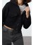 Kadın Kapüşonlu Standart Kol Rahat Kesim Crop Cep Detaylı Kalın Içi Polarlı Örme Sweatshirt 3