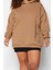 Kadın Büyük Beden Relaxed Kapüşonlu Düşük Kol Regular Slogan Detaylı Içi Polar Kalın Örme Sweatshirt 2