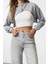 Kadın Moda Şık Regular Kapüşonlu Düşük Kol Super Crop Örme Sweatshirt 2