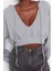 Kadın Relaxed Kapüşonlu Düşük Kol Crop Kalın Içi Polarlı V Yaka Rahat Kesim Crop Örme Sweatshirt 2