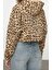 Kadın Moda Şık Crop Fermuarlı Yaka Düşük Kol Crop Animal Leopar Desenli Crop Örme Sweatshirt 5