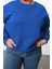 Kadın Büyük Beden Oversize Bisiklet Yaka Mavi Rahat Kesim Basic Kalın Polarlı Örme Sweatshirt 4