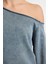 Bol Asimetrik Yaka Düşük Kol Uzun Yıkamalı Geniş Kalıp Asimetrik Yaka Kalın Örme Sweatshirt 3