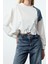 Relaxed Bisiklet Yaka Düşük Kol Crop Denim Garni ve Nakış Crop Kısa Relaxed Örme Sweatshirt 1