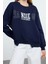 Relaxed Bisiklet Yaka Düşük Kol Uzun Slogan Baskılı Geniş Kalıp Etek Ucu Örme Sweatshirt 2