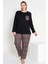 Kadın Uzun Kollu Siyah Renkli Labirent Desenli Pijama Takımı B-42 1