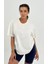 Kadın Ekru Baskısız Basıc Pamuklu Oversize T-Shirt 1