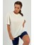 Kadın Ekru Baskısız Basıc Pamuklu Oversize T-Shirt 4