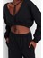 Kadın Relaxed Kapüşonlu Düşük Kol Crop Kalın Içi Polarlı V Yaka Rahat Kesim Crop Örme Sweatshirt 3
