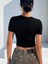 Bisiklet Yaka Asimetrik Stil Siyah Renk Fitilli Kısa Kollu Slim Fit Crop Top Bluz 2