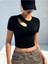 Bisiklet Yaka Asimetrik Stil Siyah Renk Fitilli Kısa Kollu Slim Fit Crop Top Bluz 3
