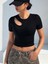Bisiklet Yaka Asimetrik Stil Siyah Renk Fitilli Kısa Kollu Slim Fit Crop Top Bluz 4
