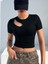 Bisiklet Yaka Asimetrik Stil Siyah Renk Fitilli Kısa Kollu Slim Fit Crop Top Bluz 5