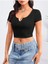 Geniş U Yaka Siyah Renk Fitilli Kısa Kollu Slim Fit Crop Top Bluz 3