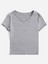 V Yaka Gri Renk Fitilli Kısa Kollu Slim Fit Crop Top Bluz 2