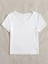 V Yaka Beyaz Renk Fitilli Kısa Kollu Slim Fit Crop Top Bluz 2