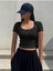 U Yaka Siyah Renk Fitilli Kısa Kollu Slim Fit Crop Top Bluz 1