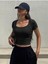 U Yaka Siyah Renk Fitilli Kısa Kollu Slim Fit Crop Top Bluz 3