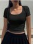 U Yaka Siyah Renk Fitilli Kısa Kollu Slim Fit Crop Top Bluz 4