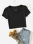 V Yaka Siyah Renk Fitilli Kısa Kollu Regular Crop Top Bluz 1