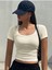 U Yaka Beyaz Renk Fitilli Kısa Kollu Slim Fit Crop Top Bluz 3