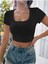 Kare Yaka Siyah Renk Fitilli Kısa Kollu Slim Fit Crop Top Bluz 1