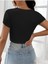 Kare Yaka Siyah Renk Fitilli Kısa Kollu Slim Fit Crop Top Bluz 2